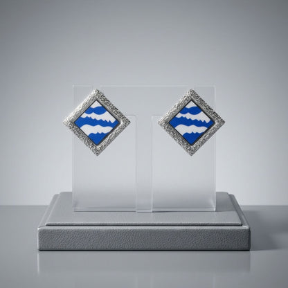 ZPB Blue Wave Silver Framed Art Clip On Earrings