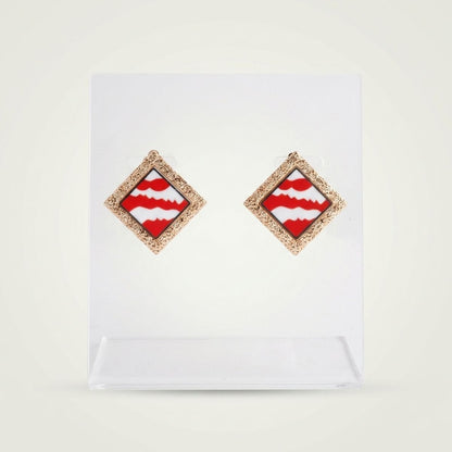 DST Crimson Wave Gold Framed Art Clip On Earrings