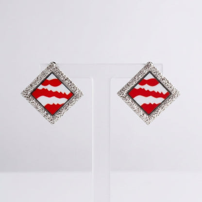 DST Crimson Wave Silver Framed Art Clip On Earrings