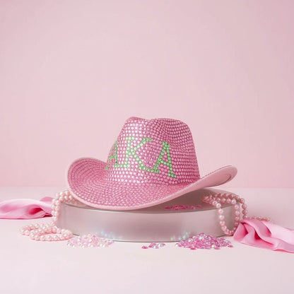 AKA Sorority Pink Green Rhinestone Fedora Hat