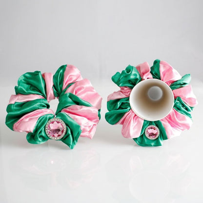 AKA Pink & Green XL Silky Jeweled Hair Scrunchie