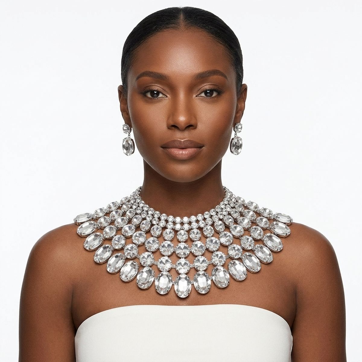 Silver Oval Glass Crystal 6 Row Formal Necklace