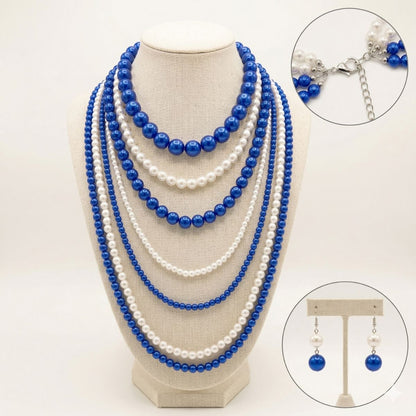 ZPB Sorority Blue White Pearl Long 7 Row Necklace