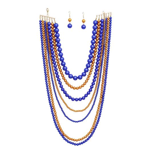 SGRHO Sorority Blue/Purple Gold Pearl Long 7 Row Necklace
