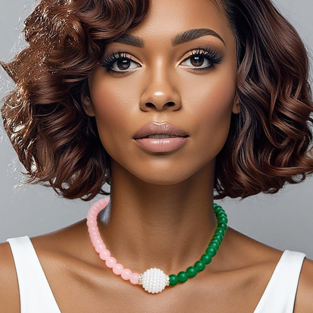 AKA Sorority Pink Green Pearl Glass Bead Necklace