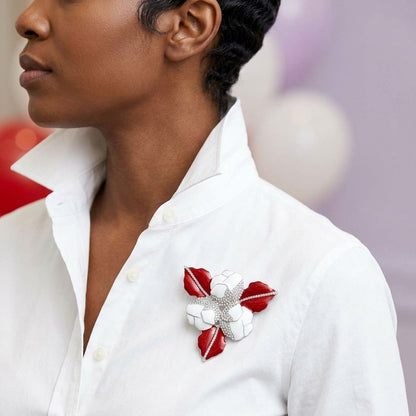 DST White 3 Blossom Crimson Red Leaf Brooch Pin