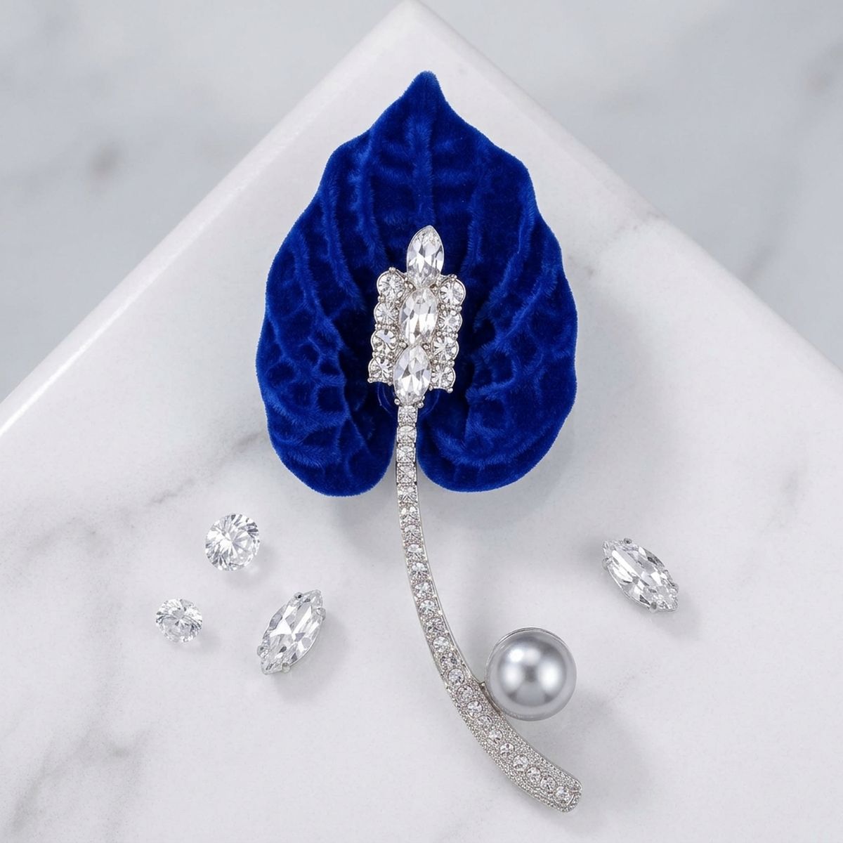 ZPB Royal Blue Lily Pearl & Rhinestone Brooch Pin