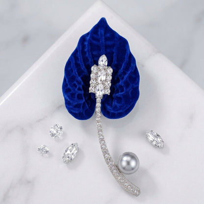 ZPB Royal Blue Lily Pearl & Rhinestone Brooch Pin