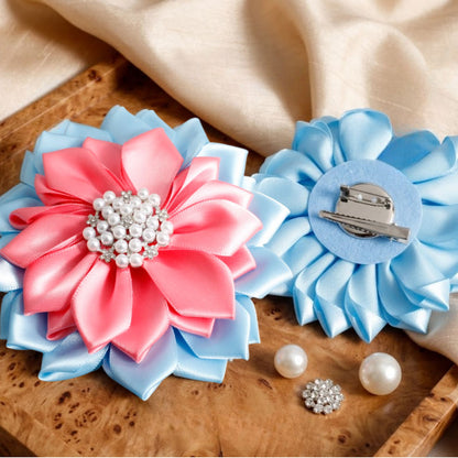 Brooch Blue and Pink Flower Pearl Clip and Pin