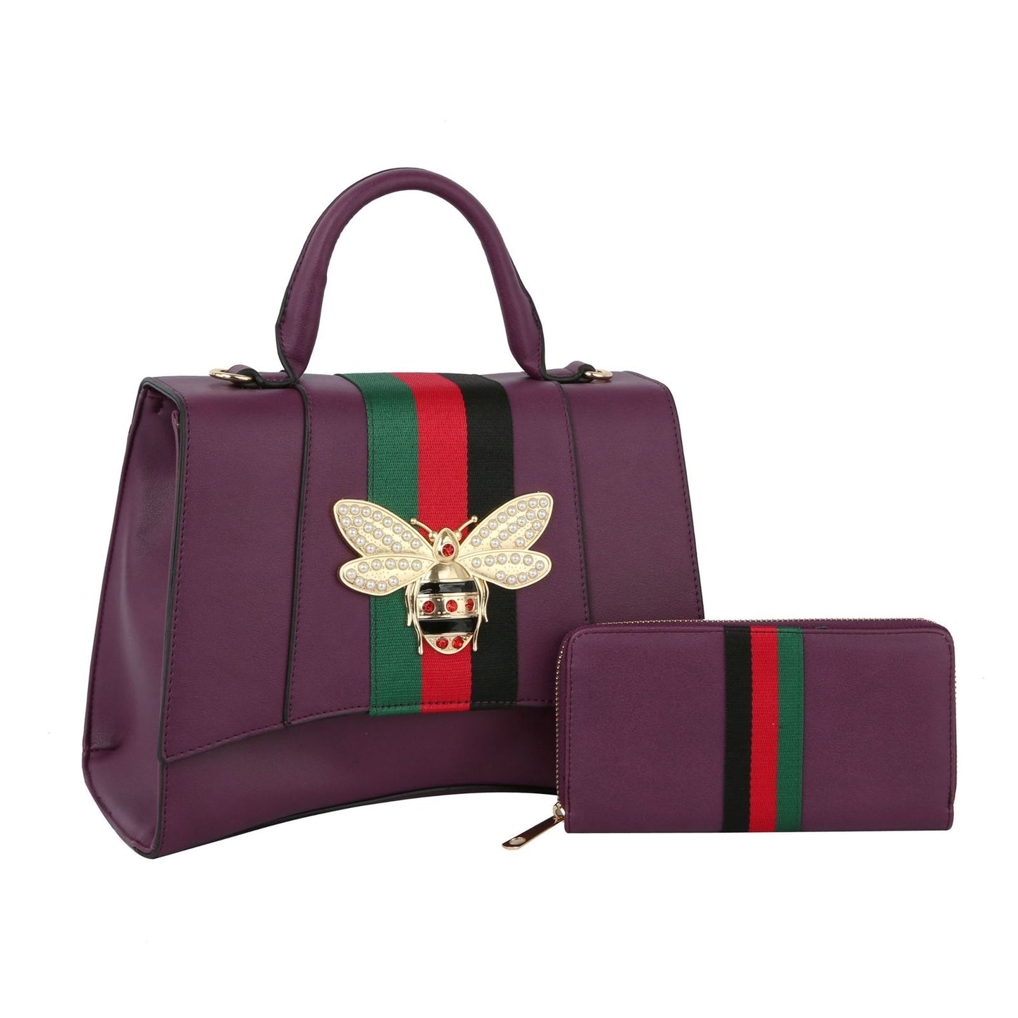Satchel Purple Bee Stripe Flap Handbag Wallet Set