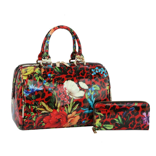 Domed Satchel Red Leopard Boston Bag Handbag Set