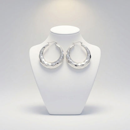 Hoop Silver Stainless Steel Diamond Cut Earrings