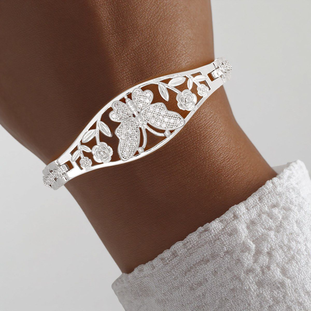 Tennis Bracelet Silver Brass CZ Butterfly Link