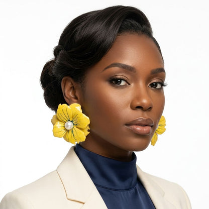 Yellow Oversize Stud Painted Petal Flower Earrings