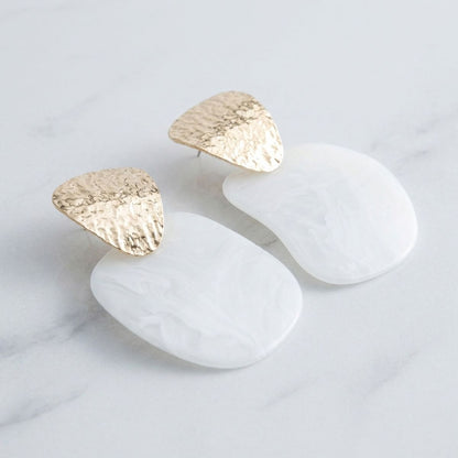 Hammered Gold & White Resin Drop Earrings