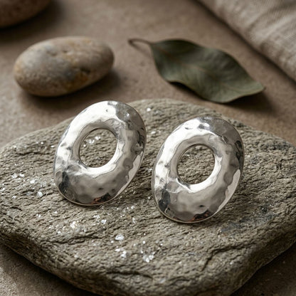 Stud Brushed Silver Hammered Domed Oval Earrings