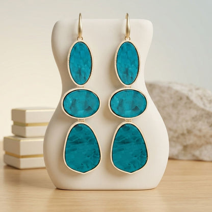 3 Tier Drop Green Mosaic Gold Geometric Earrings