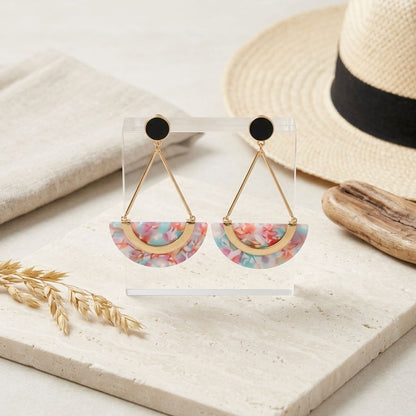 Pink Marbled Half Moon Gold Drop Earrings