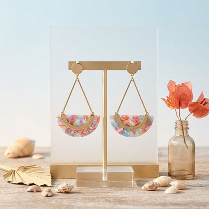 Pink Marbled Half Moon Gold Drop Earrings