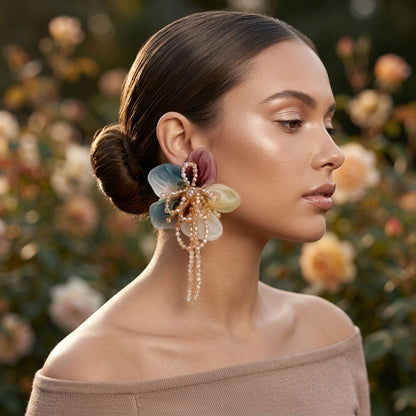 Organza Earthy Flower & Bead Tassel Drop Earrings