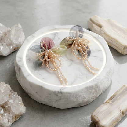 Organza Earthy Flower & Bead Tassel Drop Earrings