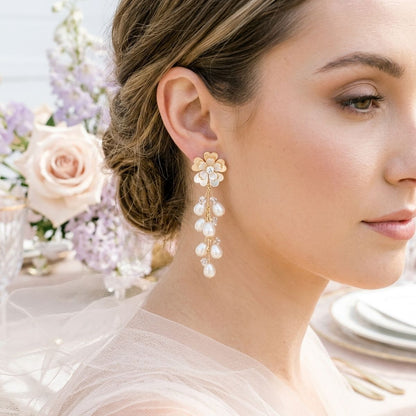Dangle Gold Floral Cream Pearl Cascade Earrings