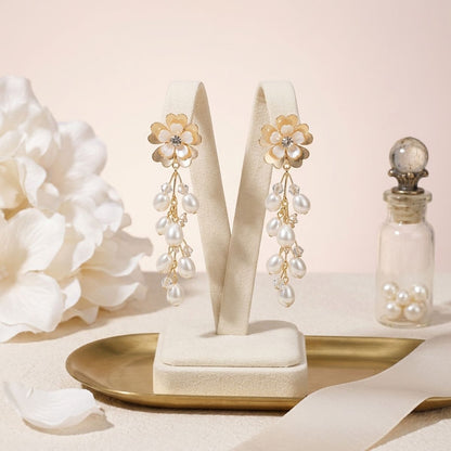 Dangle Gold Floral Cream Pearl Cascade Earrings