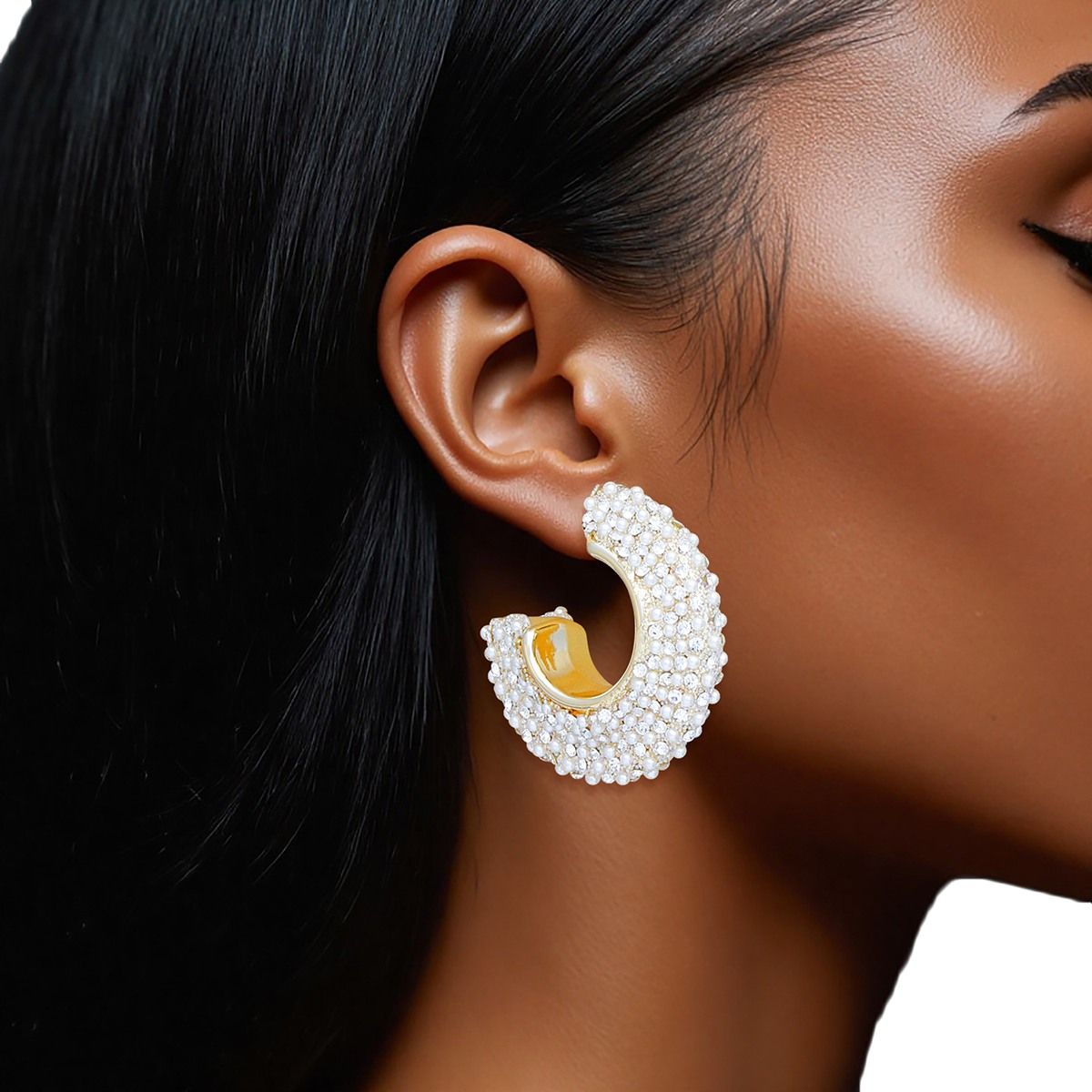 Hoop Pearl Pave Rhinestone Embellished Earrings