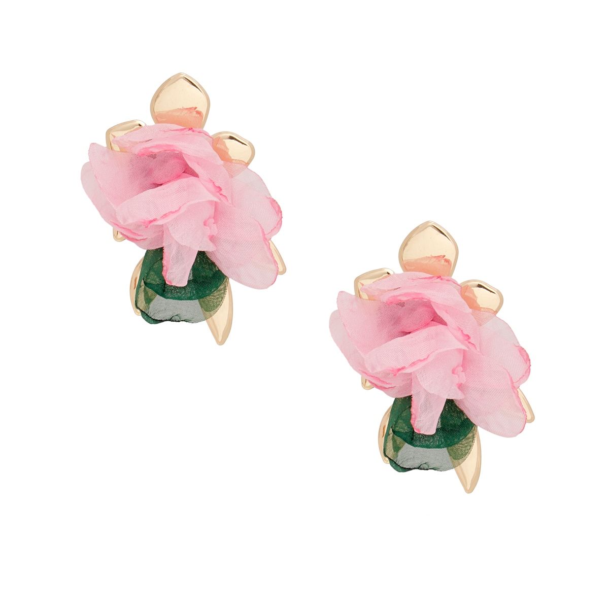 AKA Stud Gold Pink Green Fabric Flower Earrings