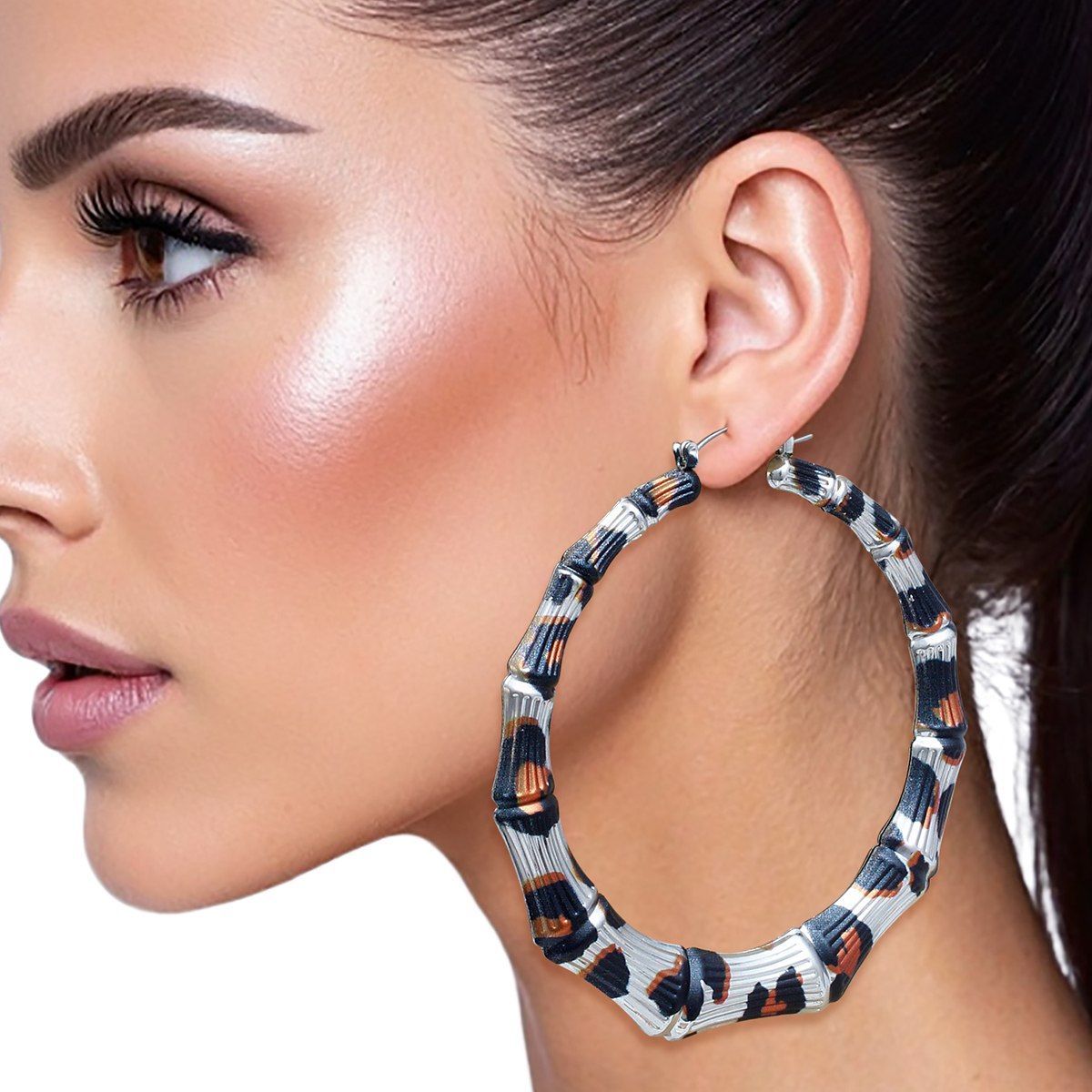 Hoop Leopard Pattern Silver Bamboo Earrings Women