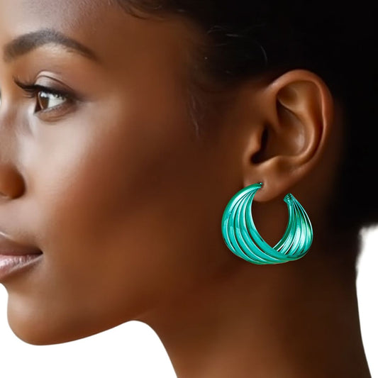 Hoop Green Wide Stacked Metal Earrings for Women