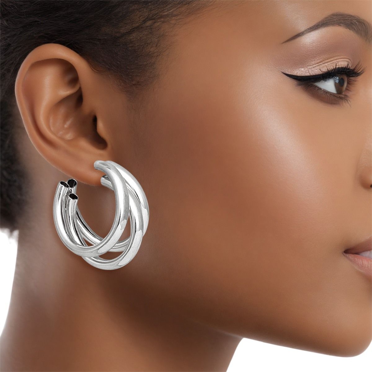 Hoop Triple Threat Silver Metal Tube Earrings