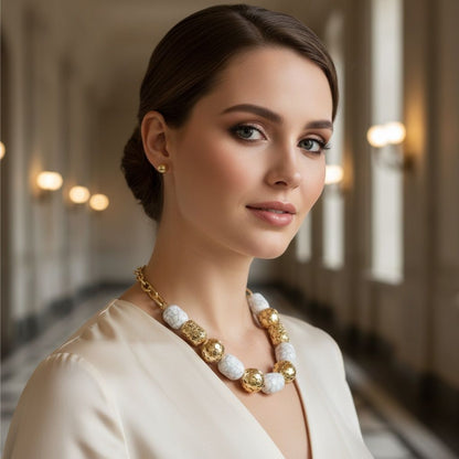 Chunky Cracked White Hollow Metal Bead Necklace