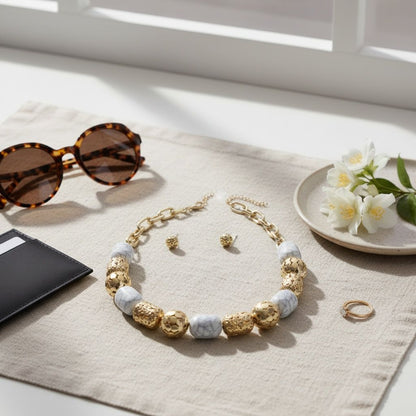 Chunky Cracked White Hollow Metal Bead Necklace
