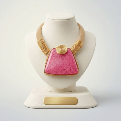 Large Pink Resin Pendant Gold Mesh Collar Necklace
