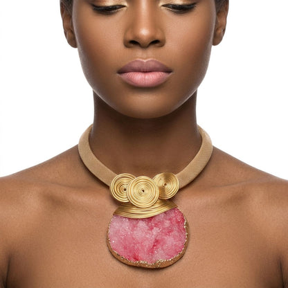 Pink Druzy Stone Pendant Gold Collar Necklace