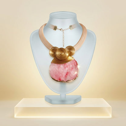 Pink Druzy Stone Pendant Gold Collar Necklace