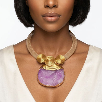 Purple Druzy Stone Pendant Gold Collar Necklace