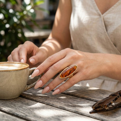 Cocktail Tortoise Elongated Oval Matte Gold Ring