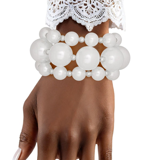 Pearl White Silver Contrast Stretch Bracelet Set