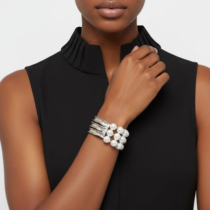 White Pearl Edgy Meets Classy Silver Bracelet