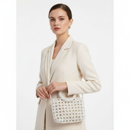 Top Handle Square Cream Pearl Woven Handbag