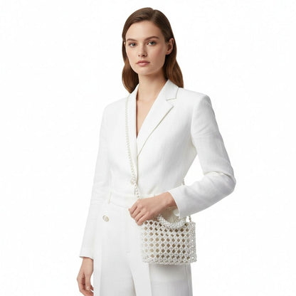 Top Handle Square Cream Pearl Woven Handbag