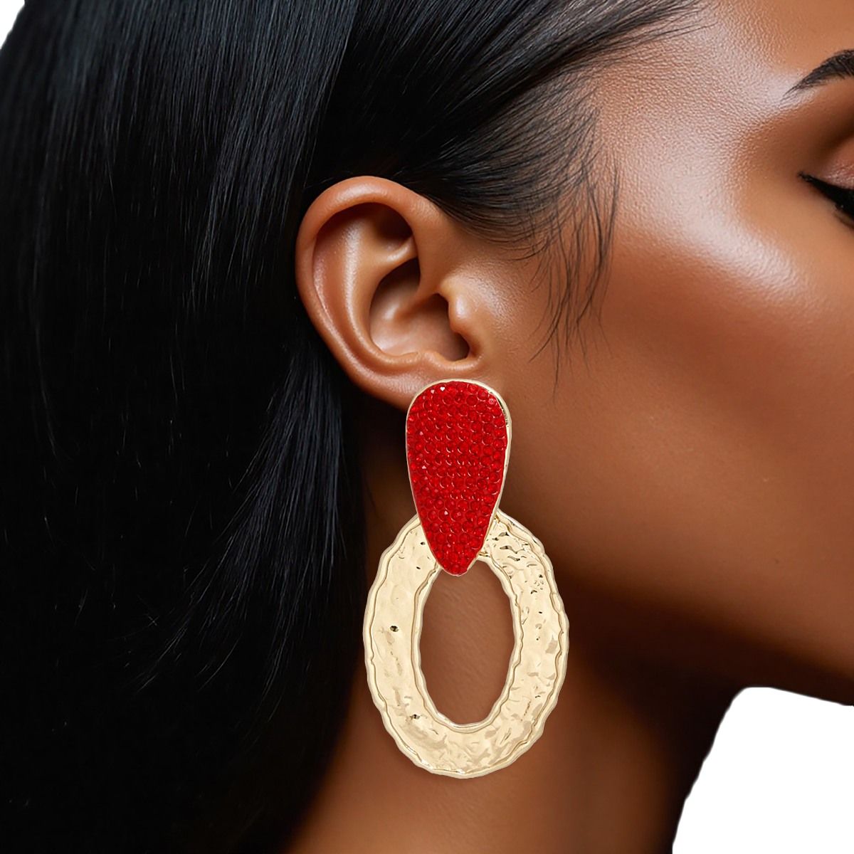 Drop Gold Red Rhinestone Elongated Oval Earrings