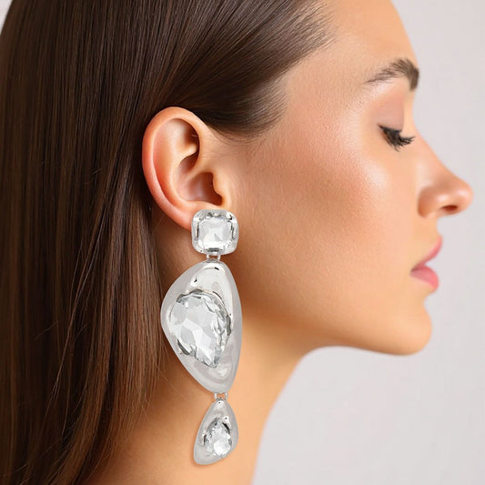 Dangle Silver Set Glass Crystal Modern Earrings