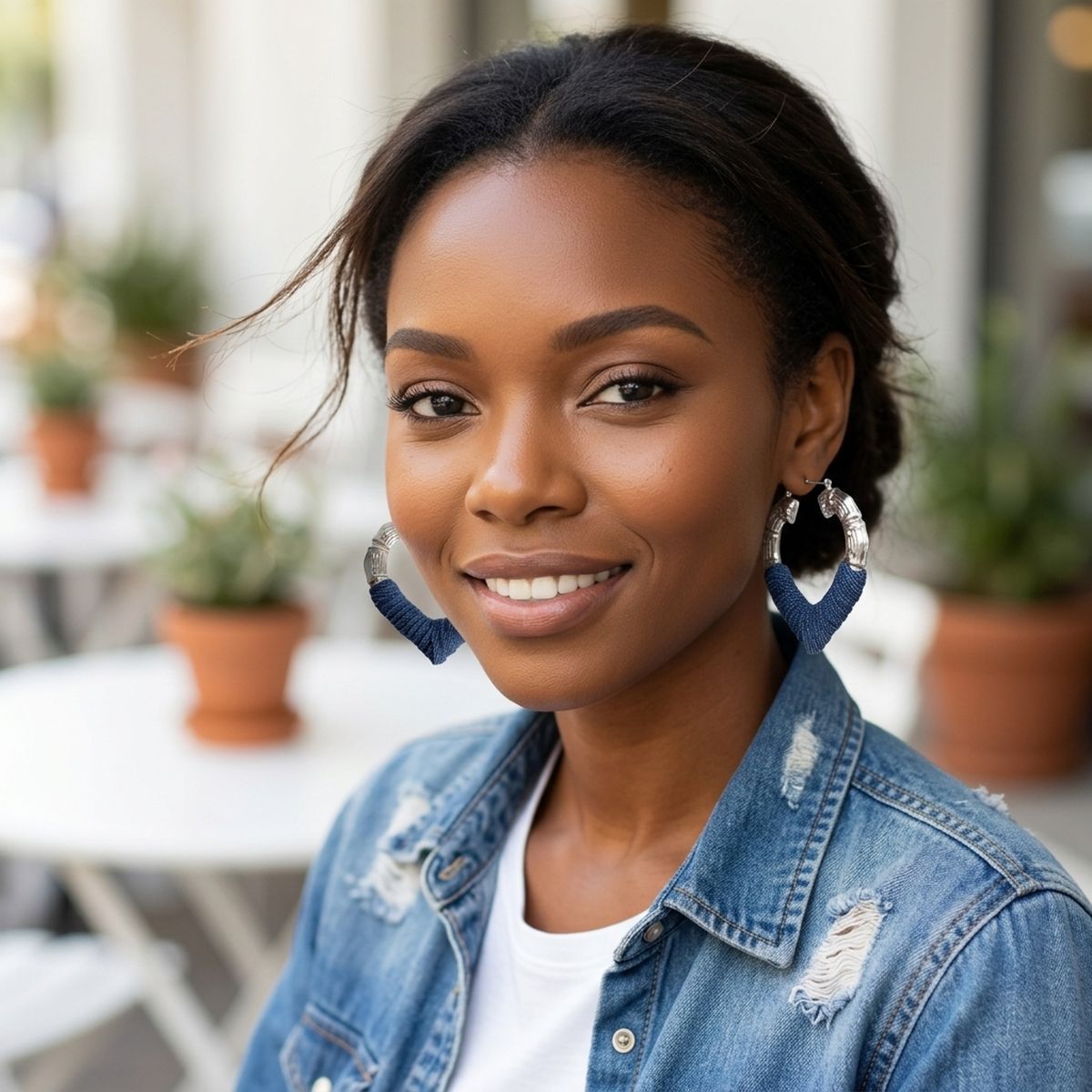 Hoop Denim Wrapped Silver Bamboo Heart Earrings