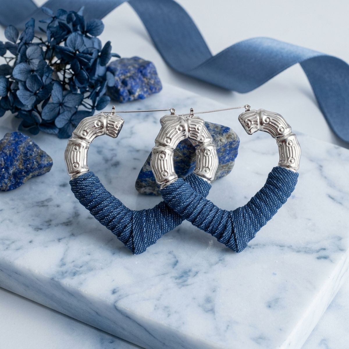 Hoop Denim Wrapped Silver Bamboo Heart Earrings