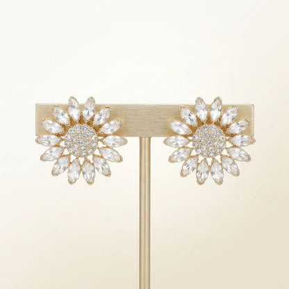Clip On Gold Glass Crystal Sunflower Earrings
