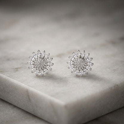 Clip On Silver Glass Crystal Sunflower Earrings
