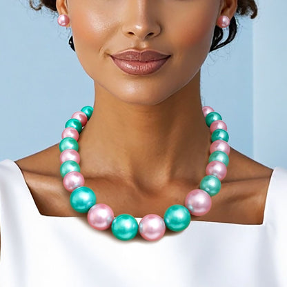 AKA Pink Green Single Strand Chunky Pearl Necklace
